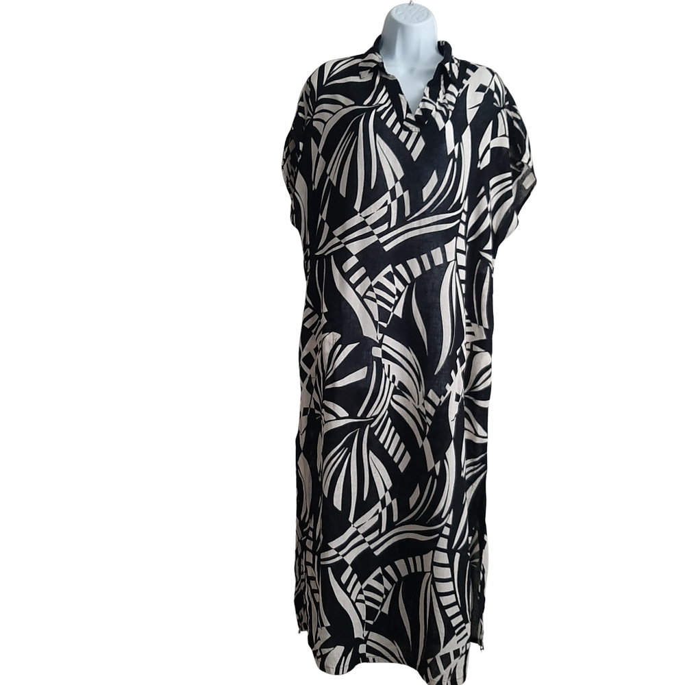 Tahari Linen Blend Black and White Maxi Dress Loose Fit  Size Small